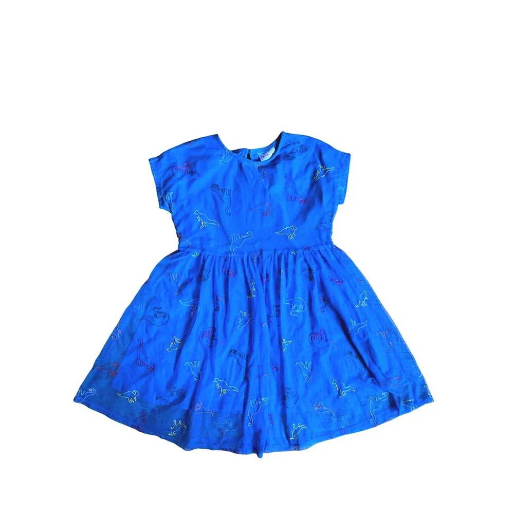 Hanna Andersson Girls Blue Embroidered Dinosaur Mesh Dress Size 10 140cm